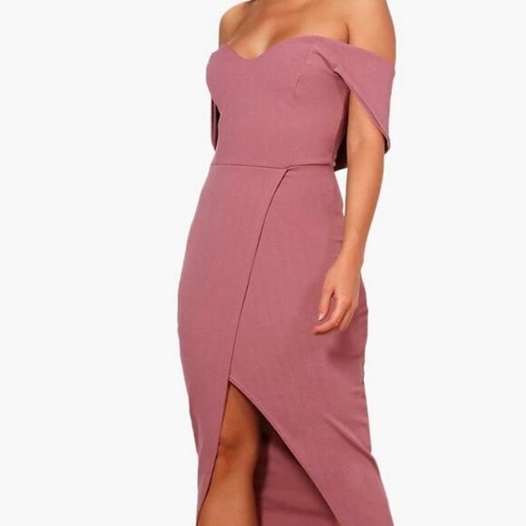 Women’s Boohoo Night Off Shoulder Wrap Midi Dress Mauve Sz 4 – $40 - Picture 1 of 6
